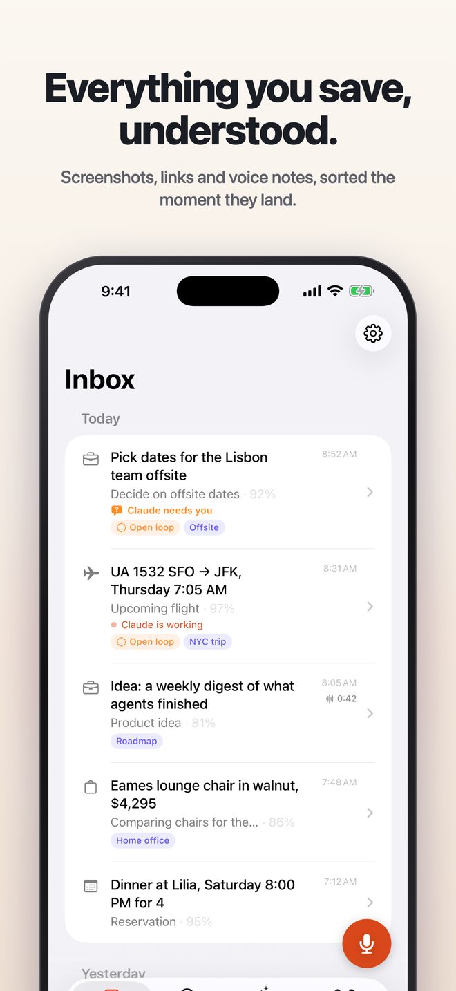 The Inbox, with today's captures sorted and labeled with why they were saved.